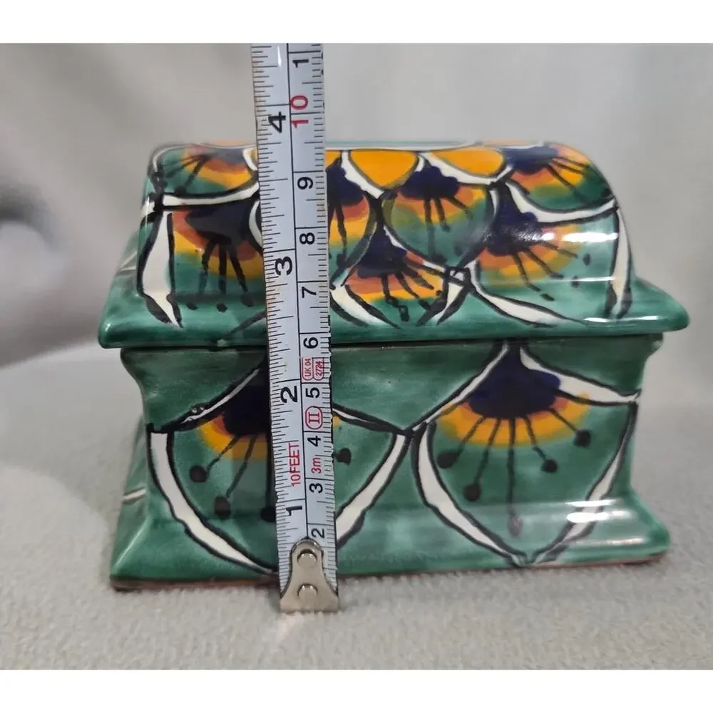 Mexico Pottery Trinket Box Hand Painted Green Yellow Treasure Chest Lidded